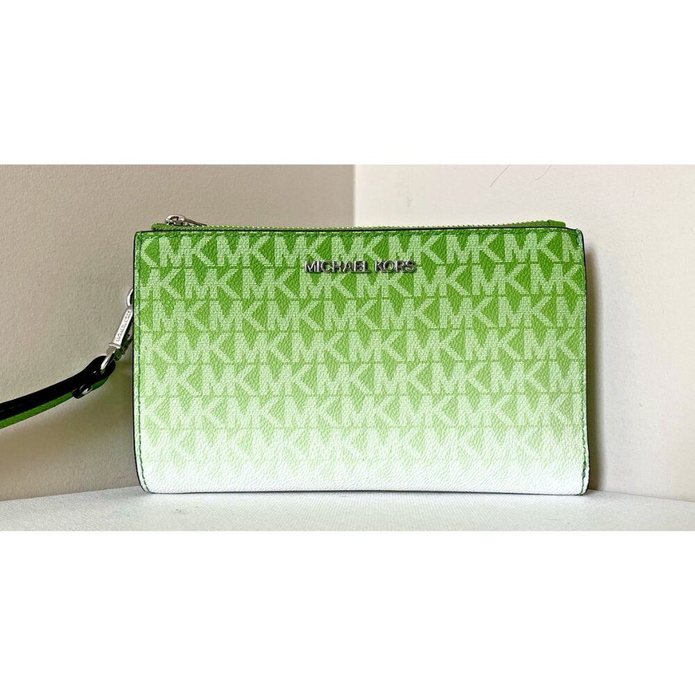 New Michael Kors Jet Set Travel Double Zip Wristlet Wallet Jungle Green - Picture 3 of 5